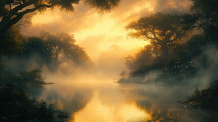 Obraz premium Golden mist-shrouded forest river scene