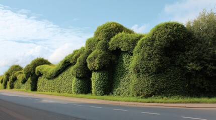 Lush green hedge shaped like whimsical animals along a road under a blue sky, creating a unique landscape.