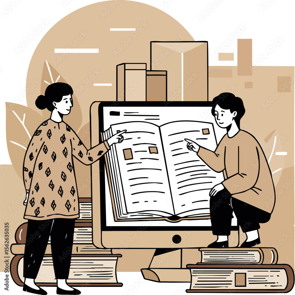 Poster two young people studying together with open book on computer screen and stacks of books vector illu