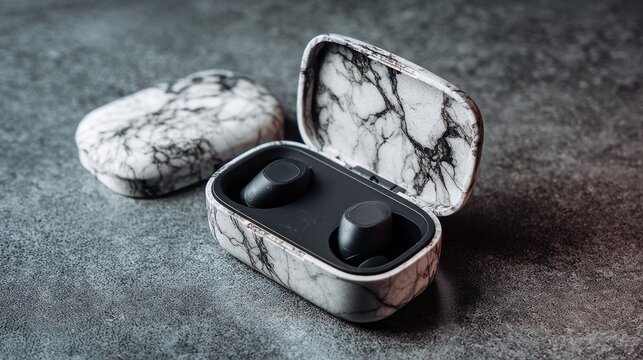 Stylish wireless earbuds in a marble case, presenting modern design and portability for music lovers and tech enthusiasts.