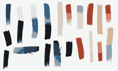 Abstract paint strokes in blue red and beige against a light background