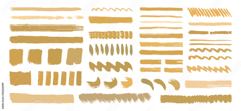 Poster an array of beige brown brush strokes in various patterns on a white background