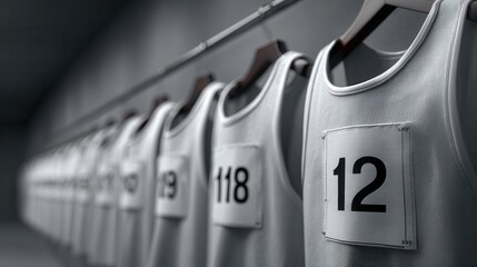 Rows of White Sports Jerseys Hanging on Racks in a Locker Room