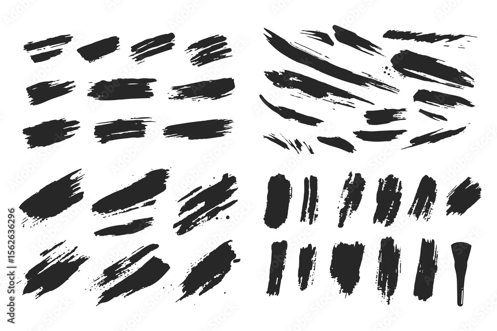 Poster assorted black paint brush strokes and smears in a grid layout on a white background