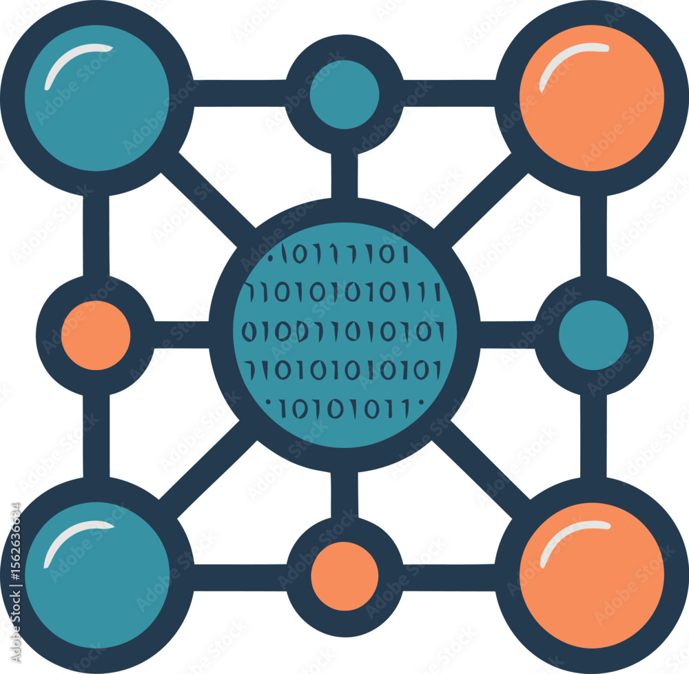 Poster Network Connects Data Nodes, presenting a digital network concept with binary code at the center, illustrating data science, with flat vector design.