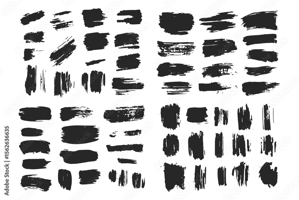 Poster assorted ink brush strokes various shapes and sizes arranged on a white background