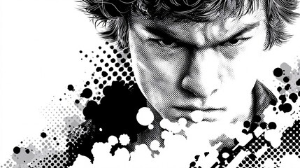 Intense portrait of a young man graphic art digital illustration monochrome style close-up view