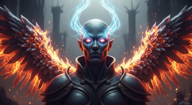 Demonic Being with Fiery Wings and Electric Horns