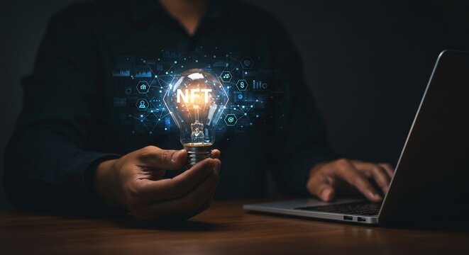 Businessman with NFT Light Bulb and Laptop
