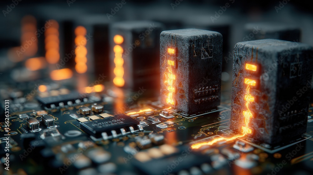 Poster abstract close-up view of circuit board with glowing components