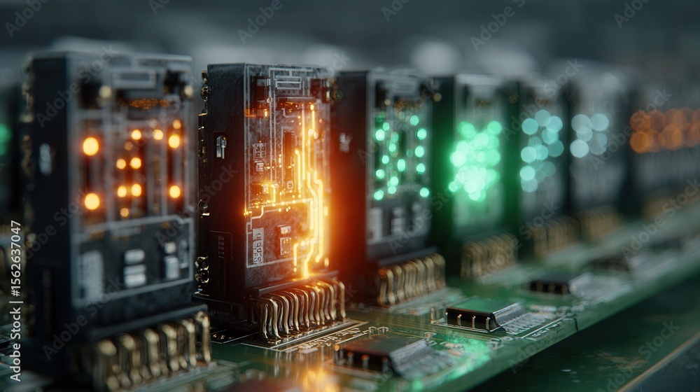 Poster high-tech circuit board with illuminated components and connections