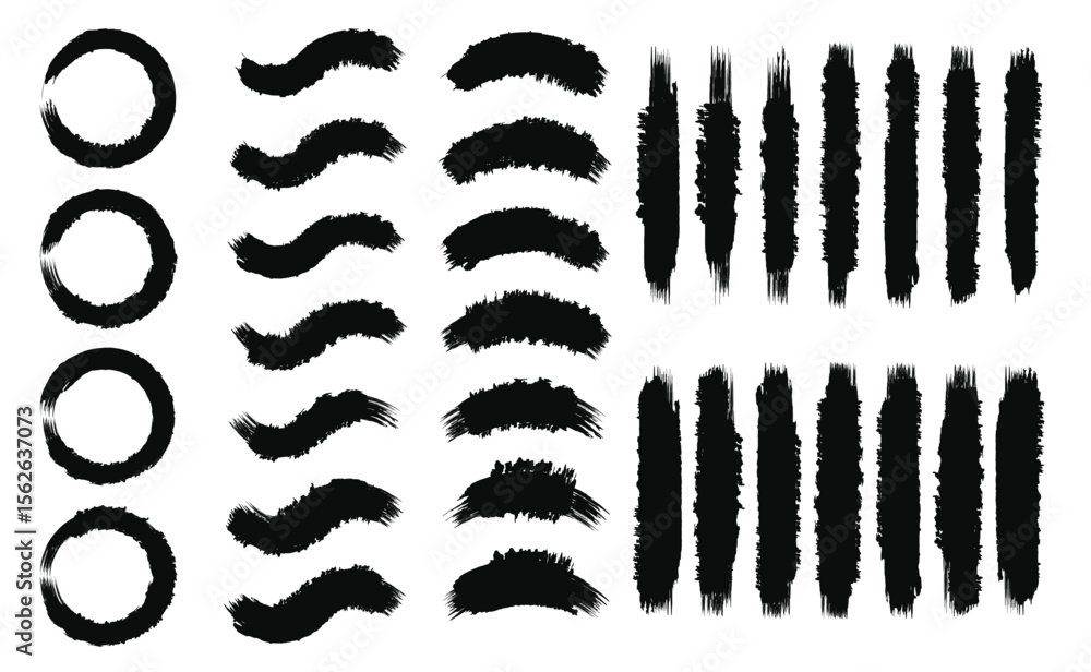 Poster black brushstrokes in four styles circles curves arcs and vertical lines