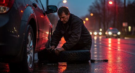 Lone man diligently changes a flat tire on a dark, rain-slicked street at night, illuminated by city lights.