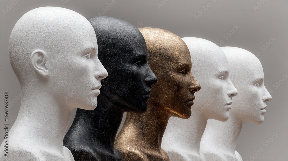 Poster diverse mannequins in varying colors displaying unique faces