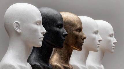 Diverse Mannequins in Varying Colors Displaying Unique Faces