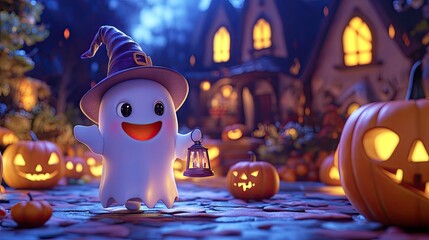 Cute cartoon ghost on halloween night