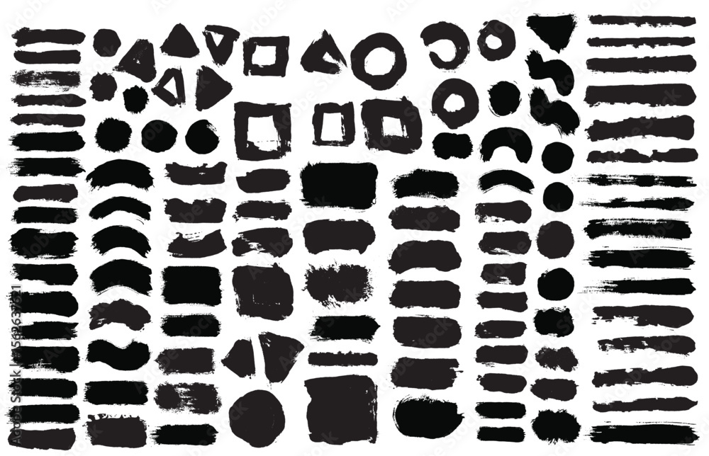 Poster black ink brushes of different shapes and sizes are arranged on a white background