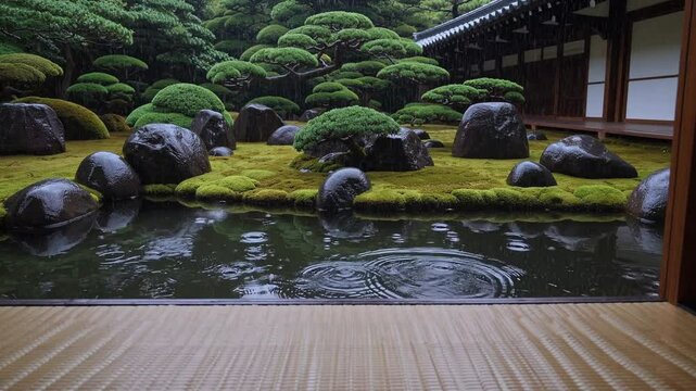  Jardin japonais avec bassin et pierres sous la pluie