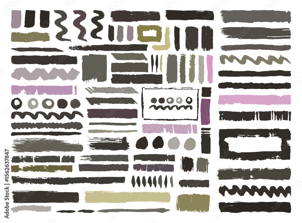 Poster brush strokes and shapes in various colors rectangle zigzag circle line