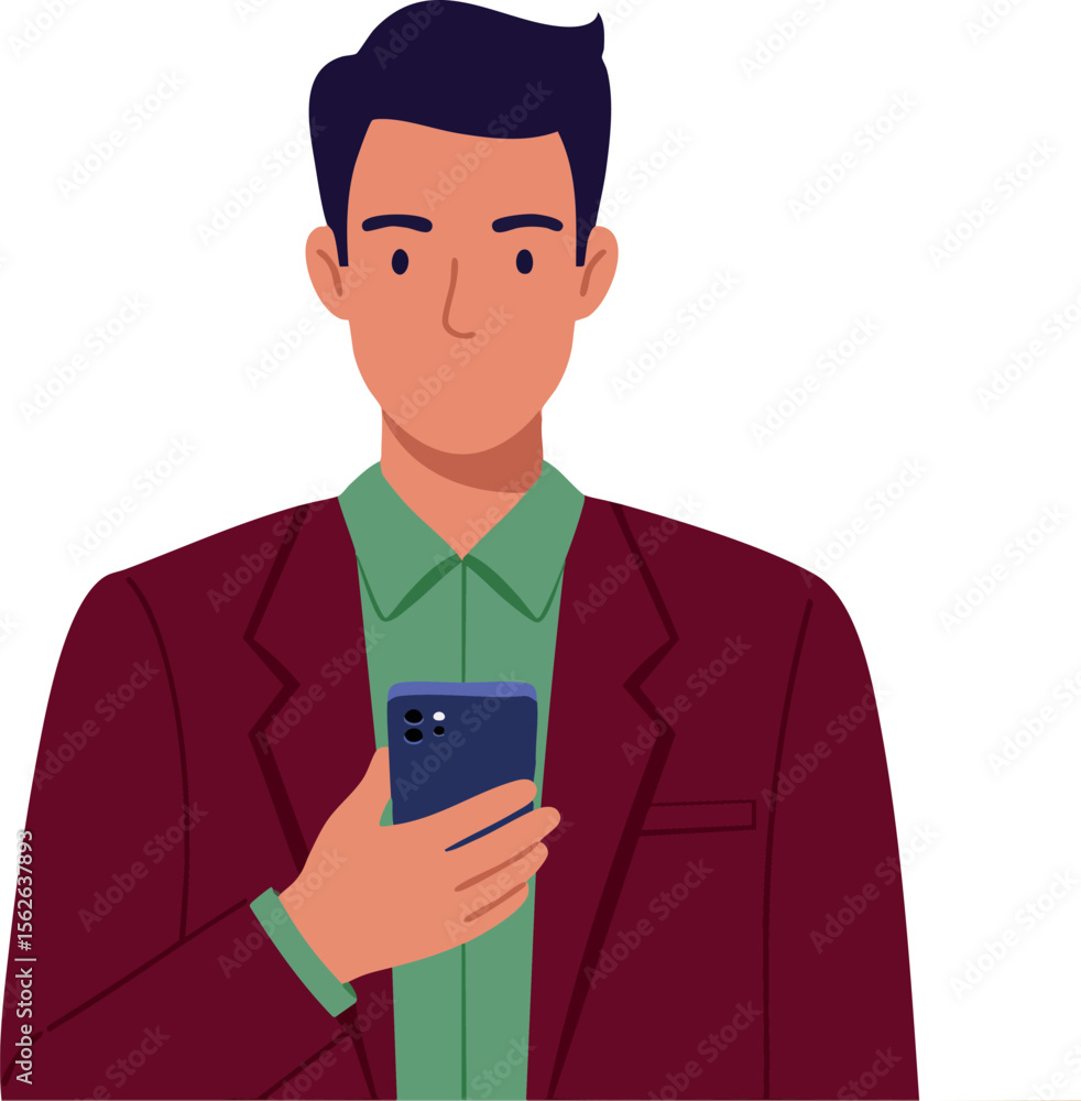 Poster man using smartphone technology with burgundy jacket and green shirt vector illustration digital com