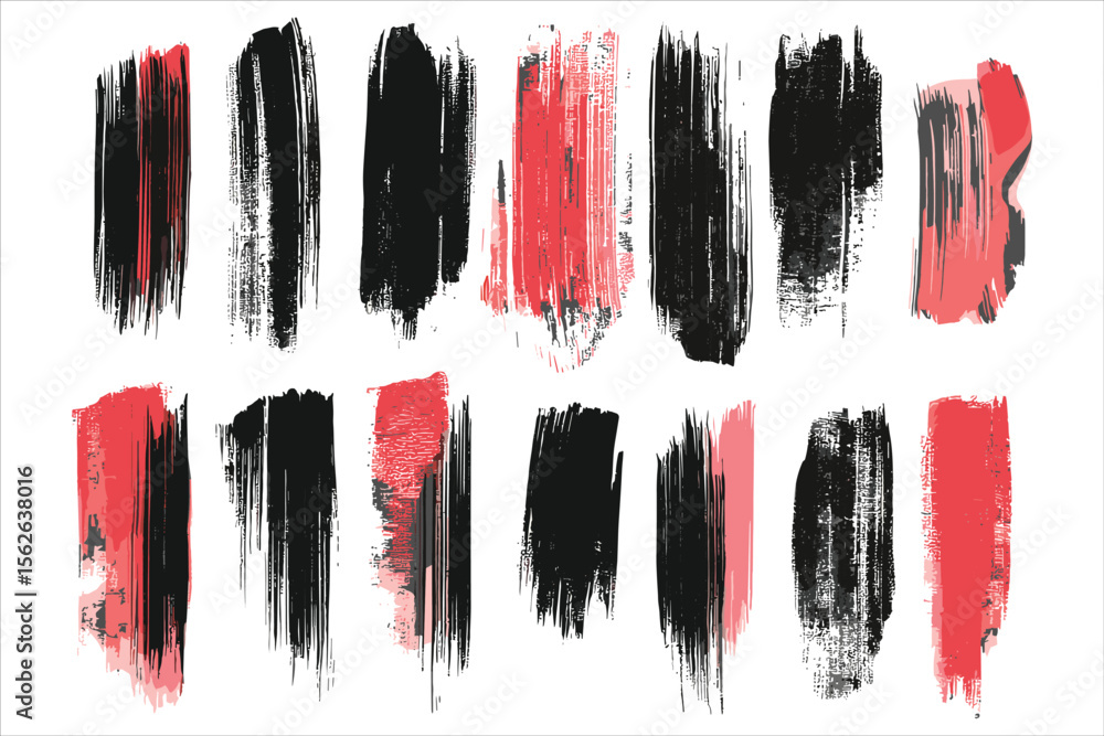Poster brushstrokes in black and red arranged in two rows against a plain background