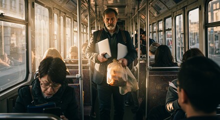 A commuter stands confidently amidst fellow passengers on a sunlit public transport vehicle, clutching his laptop and grocery bag.