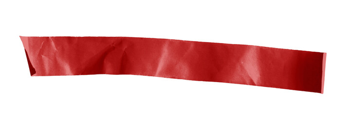 Piece of red corrugated adhesive tape with torn edges stuck to a wall, with transparent background...