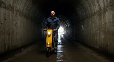 Man rides a yellow electric scooter through a dark tunnel, sunlight at the end offering hope and a sense of journey.