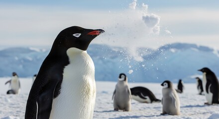 Obraz premium Ad�lie Penguin Exhales Cold Breath Bright Antarctic Landscape. AI Generated