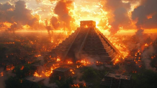 Fiery sunset illuminates a burning Mayan city, its pyramid engulfed in flames
