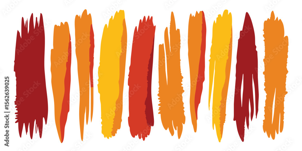 Poster abstract brushstroke like shapes in a warm color palette of reds oranges and yellows on a white back
