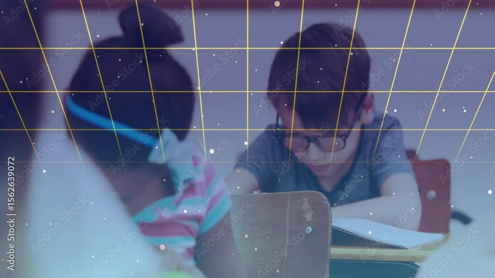 Poster camera panning back revealing classroom classmates writing while yellow grid particles animating