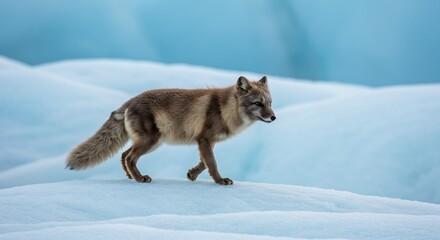 Obraz premium Arctic fox gracefully strides across serene icy landscape bathed in soft blue light. AI Generated