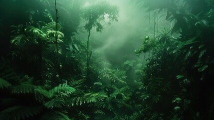 Obraz premium Lush green jungle scene with sunlight and mist through the trees