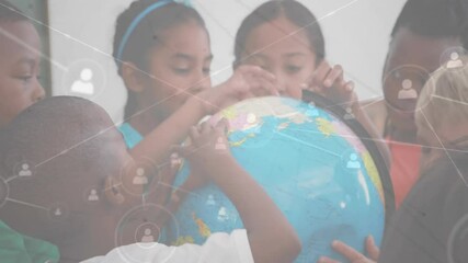 Students spinning globe in classroom and learning geography as network overlay fading in - Powered by Adobe