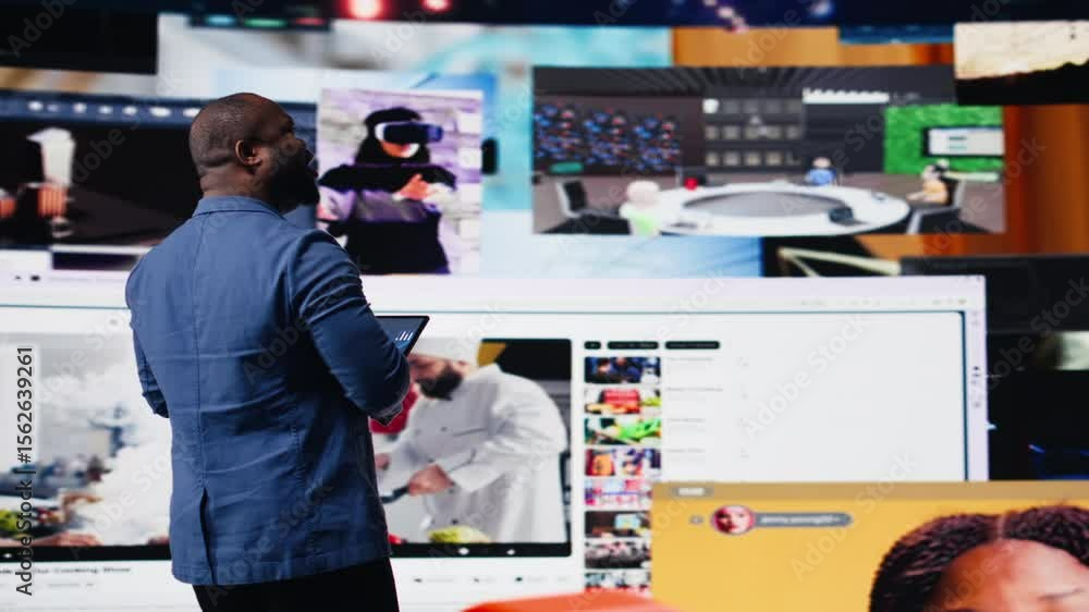 Poster black social media manager engaging with social network trends on screens, showcasing user interface