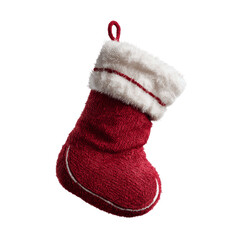 Festive Red Christmas Stocking with White Fur Trim Hanging Isolated on Green Transparent background