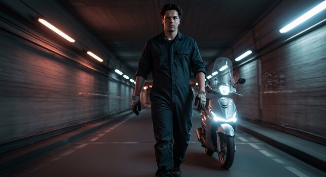 A young mechanic confidently strides towards his newly serviced scooter, bathed in the cool glow of an urban underpass.