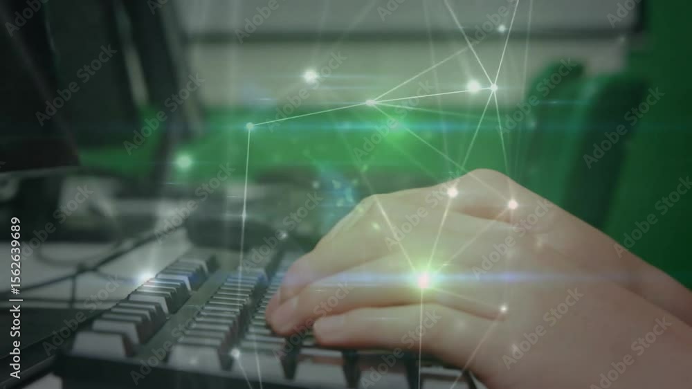 Poster asian male leaning and typing on keyboard while network overlay pulsing and visualizing data