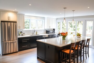 Fototapeta premium A spacious kitchen with island and stainless steel fridge