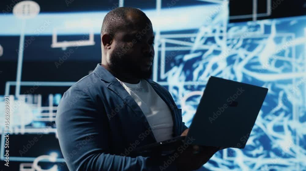 Poster african american tech expert works with ai ethics and neural networks, virtual intelligence brain to