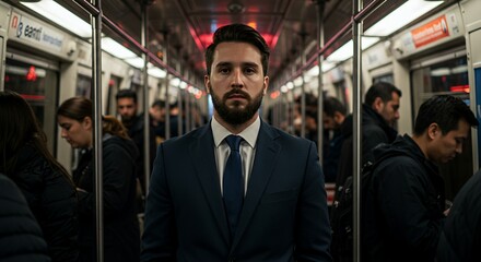 Confident businessman in a suit stands out amidst the blurred commuters on a public transport vehicle.