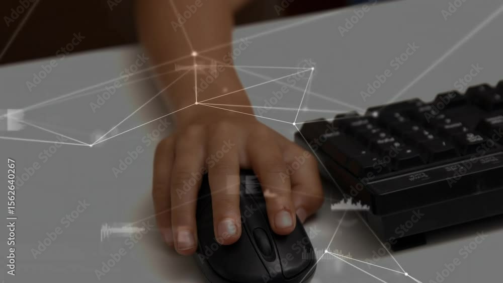 Poster right hand on mouse starting overlay animating, pressing button driving live data visualizing