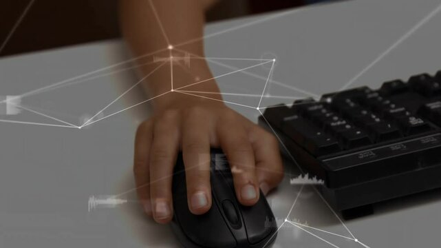 Right hand on mouse starting overlay animating, pressing button driving live data visualizing