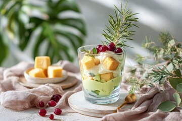 Delicious and Colorful Dessert Parfait with Creamy Layers of Ice Cream and Cake, Topped with Fresh Berries, Mint, and Decorative Greenery for a Sweet Treat