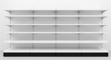 Empty white shelves brightly lit await products. AI Generated