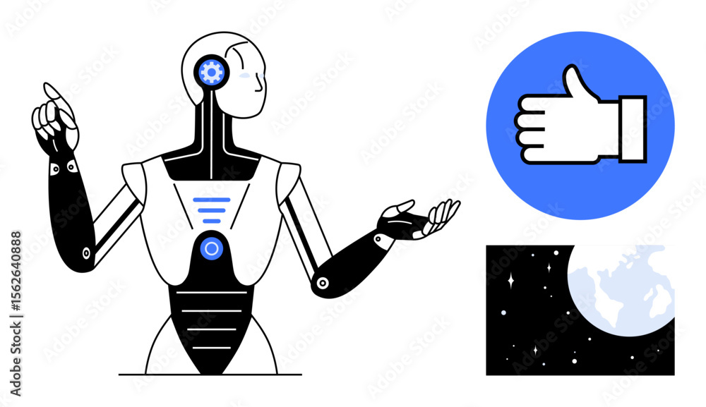 Poster robot raising a hand with a mechanical design, thumbs-up approval icon, and earth in space. ideal fo