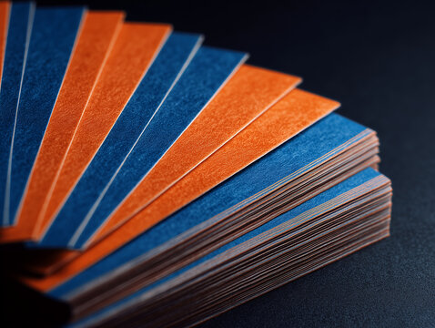 stack of orange and blue flyers fanned out on dark background