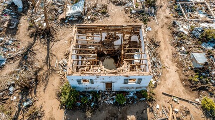 Obraz premium Drone aerial view of severely damaged residential roof with large jagged hole exposing rafters and attic after violent windstorm or explosion,
