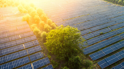 Aerial view of solar panels in a large solar farm with sunlight reflections and green trees in the background
